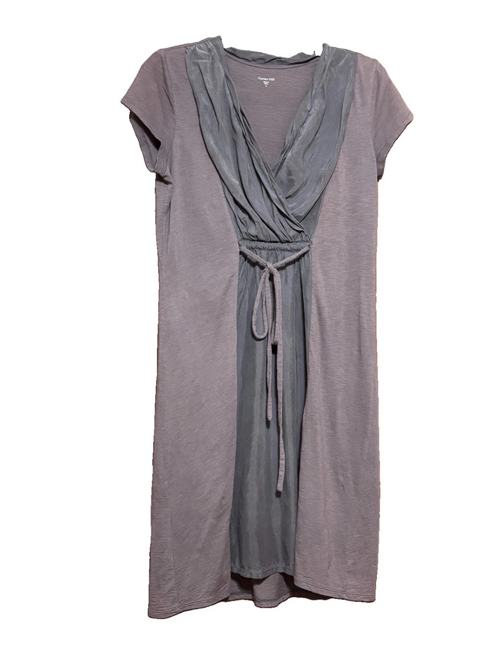 Garnet Hill Gray Layered V-Neck Tie-Waist Dress Size Small Organic Cotton & Silk